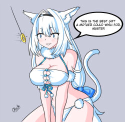 alerith bare_shoulders bikini blue_eyes breasts cat_ears cat_tail cleavage dobrynya_nikitich english_text fate/grand_order fate_(series) large_breasts midriff milf pendulum shrunken_irises signature simple_background speech_bubble text white_hair 