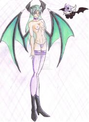 breasts capcom darkstalkers demon demon_girl empty_eyes expressionless femsub green_hair hypnogoat666 large_breasts long_hair magic monster_girl morrigan_aensland standing standing_at_attention succubus topless wings