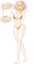 a_singular_fish aglaea_(honkai_star_rail) bare_legs barefoot bikini blonde_hair blush bondage collarbone curly_hair drool eyebrows_visible_through_hair feet female_only femsub gold hair_ornament happy_trance honkai_star_rail human_furniture large_breasts legs magic mannequin navel open_mouth panties pink_eyes posing short_hair simple_background smile solo text tiptoes underboob white_background wide_hips