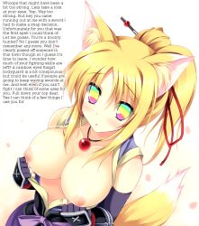 animal_ears blonde_hair blush breasts caption dog_days edgeofthemoon_(manipper) femsub fox_girl hair_ornament large_breasts long_hair manip multicolored_eyes necklace nipples open_clothes open_mouth rainbow_eyes tateha text undressing