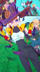  alternate_costume aware baby_(dragon_ball) blonde_hair bodysuit clothed confused crossover dragon_ball dragon_ball_gt eye_color_change eyepatch facial_markings femsub fischl_(genshin_impact) genshin_impact gloves green_eyes hair_color_change hair_covering_one_eye hat jack_owens long_hair mona_(genshin_impact) non-binary_dom oral outdoors possession purple_eyes purple_sclera smile speech_bubble surprised torn_clothes transformation tuffleization twintails white_hair 