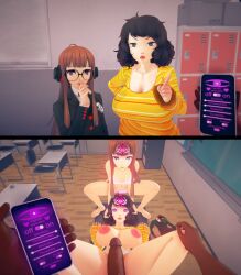 angry black_eyes black_hair bra breasts brown_eyes brown_hair clothed control_indicator dark_skin femsub futaba_sakura glasses huge_cock hypnotic_app instant_loss large_breasts large_penis long_hair maledom multiple_girls multiple_subs nipples nude oshino3d panties penis persona_(series) persona_5 phone pink_eyes sadayo_kawakami short_hair spiral spiral_eyes squatting symbol_in_eyes teacher underwear