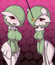  absurdres blush breasts coin empty_eyes female_only furry gardevoir green_hair happy_trance hidanshira huge_breasts large_breasts nintendo open_mouth pendulum pokemon pokemon_(creature) smile 