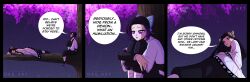black_hair butterfly comic demon_slayer english_text hair_ornament kanae_kocho multiple_girls multiple_views orkart outdoors purple_hair shinobu_kocho signature sitting text trees