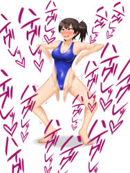 ahegao blush brown_hair erect_nipples female_only femsub haigure happy_trance leotard open_mouth ponytail see-through simple_background solo spread_legs text