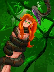  asphyxiation breast_grab breasts breasts_outside character_request coils disney happy_trance imminent_vore jungle kaa kaa_eyes long_hair nude orange_hair restrained sleepy smile snake the_jungle_book 