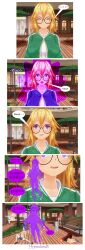  3d aoi_(hypnolordx) blonde_hair cat_nap_(hypnolordx) clothed comic custom_maid_3d_2 dazed dialogue drool electricity empty_eyes fairy female_only femdom femsub glasses green_hair hypnolordx multiple_girls multiple_subs open_mouth orange_hair original pink_hair purple_eyes purple_hair purple_skin signature sitting size_difference speech_bubble standing tan_skin top-down_bottom-up zombie_walk 
