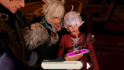 3d absurdres alisaie_leveilleur blue_eyes character_request dialogue earrings elf_ears english_text faceless_male facial_markings femsub final_fantasy final_fantasy_xiv grey_eyes hypnotic_app hypnotic_screen maledom miqo'te phone short_hair square_enix tagme text vargoatart white_hair y'shtola