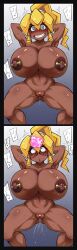  before_and_after bottomless breasts control_indicator dark_skin female_only femsub huge_breasts nipple_piercing nose_hook nude piercing razor_(robopon) robopon squirting suzurame tagme topless trembling 
