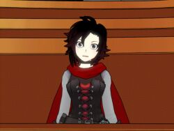 3d animated animated_gif black_hair bouncing_breasts cape clothed corset dazed female_only femsub fractionation grey_eyes heavy_eyelids hypnotic-ink multicolored_hair open_mouth red_hair ruby_rose rwby short_hair solo whitewash_eyes
