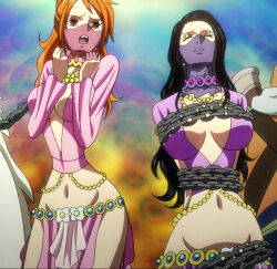  anonymous828_(manipper) black_hair brown_eyes chains closed_eyes collar collarbone earrings empty_eyes femsub harem_outfit hourglass_figure hypnotic_accessory jewelry large_breasts long_hair manip multiple_girls multiple_subs nami_(one_piece) navel necklace nico_robin one_piece open_mouth orange_hair resisting restrained screenshot standing unhappy_trance veil very_long_hair 