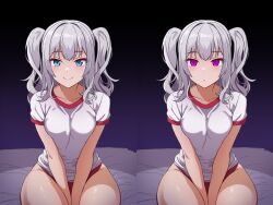 absurdres batta18th bed before_and_after blue_eyes blush breasts clothed empty_eyes expressionless female_only femsub grey_hair gym_uniform kantai_collection kashima_(kantai_collection) long_hair looking_at_viewer pink_eyes simple_background sitting smile solo sports_briefs twintails