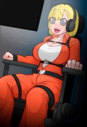  blonde_hair breasts chair disguised_hypnotist femsub happy_trance headphones hypnotic_screen lethal_company spiral_eyes symbol_in_eyes tagme text tv 