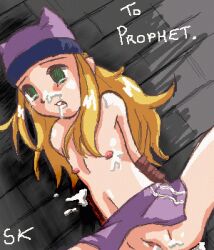 arms_behind_back black_sclera blonde_hair bondage bottomless clothed_exposure cum cum_in_mouth cum_in_pussy cum_on_body cum_on_clothes cum_on_face cum_on_hair dazed digimon expressionless female_only femsub flat_chest hat long_hair pussy scribble_kid solo spread_legs spread_pussy symbol_in_eyes text topless zoe_orimoto
