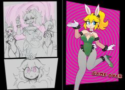 bad_end blonde_hair bow_tie bowsette bracelet bunny_ears bunny_girl bunnysuit cleavage collar crown dress drool eyebrows_visible_through_hair fake_animal_ears fake_tail female_only femdom femsub finger_snap fishnets gloves happy_trance hypnotic_screen mask multiple_girls multiple_subs pink_eyes princess princess_daisy princess_peach princess_rosalina rakuma-imp shyguy sketch smile spiral spiral_background spiral_eyes super_crown super_mario_bros. sweat