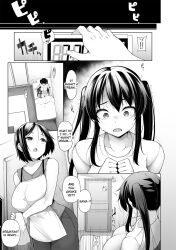 all_fours black_hair bottomless bouncing_breasts breasts bunny_girl comic dialogue doggy_style empty_eyes expressionless greyscale gym_uniform hair_pulling large_breasts long_hair missionary monochrome nude sakamata_nerimono school_uniform short_hair sisters spanish tagme text topless twintails ugly_bastard