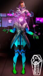  3d alternate_costume brown_hair clothed coat computer dark_skin evil_smile expressionless femdom femsub glasses glowing glowing_eyes hacking light_skin mei_(overwatch) monitor multicolored_hair multiple_girls overwatch pink_eyes puppet purple_hair short_hair signature smile sombra_(overwatch) standing supercasket tech_control transformation whitewash_eyes 