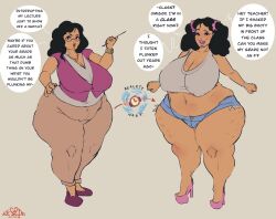  bbw before_and_after bimbofication black_hair brain_drain breasts chubby clothed dialogue fat female_only femsub glasses huge_breasts instant_loss maledom moessins multiple_views original solo teacher text transformation twintails weight_gain 
