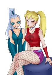  bent_over blonde_hair blush bracers cleavage cleavage_cutout collar collarbone corruption crop_top crossed_legs earrings eyeshadow face_paint female_only fishnets icy_(winx_club) long_hair makeup midriff multiple_girls nail_polish navel_piercing pantyhose ponytail puckered_lips punk short_skirt silver_hair simple_background sitting skirt smile standing stella_(winx_club) tank_top tokiartis torn_clothes twintails white_background winx_club 
