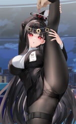  ass black_hair blue_archive blush breasts cameltoe coin empty_eyes female_only femsub halo heart_eyes large_breasts long_hair mvv office_lady open_mouth panties pantyhose pendulum red_eyes rio_(blue_archive) skirt skirt_lift standing_split suit symbol_in_eyes 
