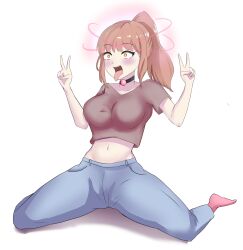  absurdres ahegao bangs blush clothed collar crop_top dazed double_v eyebrows_visible_through_hair female_only femsub glowing glowing_eyes jeans kneeling midriff open_mouth orange_eyes orange_hair original ponytail shirt simple_background smeef smile socks solo straight-cut_bangs t-shirt tongue tongue_out v white_background yellow_eyes zara_(kronobas28) 