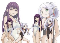 body_control earrings eyebrows_visible_through_hair femsub fern_(frieren:_beyond_journey&#039;s_end) frieren frieren:_beyond_journey&#039;s_end green_eyes haigure large_breasts leotard long_hair purple_eyes purple_hair simple_background sintro8190 small_breasts swimsuit twintails white_background