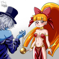  abracadaver blossom blue_skin bow cleavage collar expressionless harem_outfit kingdomkai loincloth open_mouth pendulum powerpuff_girls powerpuff_girls_z red_eyes red_hair small_breasts top_hat very_long_hair white_hair zombie 