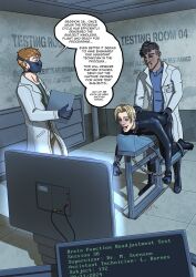  accidental_hypnosis black_hair blonde_hair blue_skin bodysuit boomersm chains drool face_mask gloves happy_trance hypnotic_screen hypnotized_hypnotist lab_coat latex leather male_only maledom malesub multiple_subs open_mouth original restrained scientist speech_bubble spiral_eyes text yaoi 
