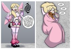 before_and_after blonde_hair blue_eyes comic elf_ears fairy female_only femsub humor instant_loss long_hair maggotmike navel original pillow sleeping small_breasts snoring super_hero thick_thighs wings wisp_(fairyprincessjess)