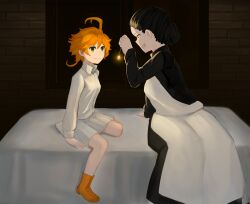apron bed boots breasts brown_hair dress emma_(the_promised_neverland) empty_eyes femdom femsub green_eyes hair_buns happy_trance maid open_mouth orange_hair pendulum red_hair shirt short_hair small_breasts smile the_promised_neverland vlk1993