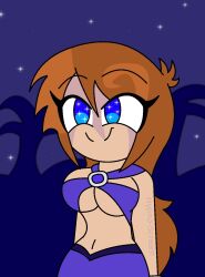 ahoge arms_behind_back blue_eyes brown_hair eyebrows_visible_through_hair female_only femsub happy_trance harem_outfit hypnoscream kingdom_hearts large_breasts long_hair midriff navel night original outdoors setchia_xine_(hypnoscream) sideboob skirt smile solo symbol_in_eyes underboob wrist_band