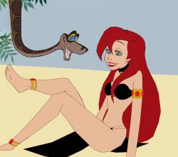 absurdres alternate_costume ariel bare_shoulders barefoot beach crossover disney feet femsub happy_trance harem_outfit hypnotic_eyes hypnotica2000 kaa kaa_eyes long_hair maledom outdoors red_hair smile snake the_jungle_book the_little_mermaid 