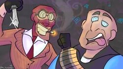 blue_eyes glasses goggles humor imminent_death male_only maledom malesub misha_(team_fortress_2) mx_driftdrop open_mouth smile smug spiral spiral_eyes spy_(team_fortress_2) symbol_in_eyes team_fortress_2 tech_control tongue tongue_out yellow_eyes