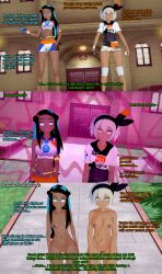  3d abs absurdres bea_(pokemon) black_hair blue_eyes dark_skin dialogue drool empty_eyes english_text eye_roll female_only female_pov femdom femsub happy_trance kneeling koikatsu! liz_b midriff multiple_girls multiple_subs nessa_(pokemon) nintendo nude pokeball pokemon pov pov_dom tan_skin text white_eyes white_hair 