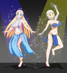 absurdres asia_argento bare_shoulders barefoot blonde_hair breast_expansion breasts cleavage dancer dancing empty_eyes green_eyes harem_outfit high_school_dxd koneko_toujou large_breasts midriff multiple_girls navel_piercing short_hair soex sparkle veil white_background white_hair yellow_eyes