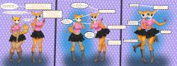  absurdres aggretsuko before_and_after black_skirt boots clone comic female_only femsub furry gazelle_girl happy_trance heart heart_eyes kparote22 midriff red_panda_girl retsuko_(aggretsuko) skirt smile spiral spiral_eyes symbol_in_eyes tail text transformation tsunoda_(aggretsuko) twinning 