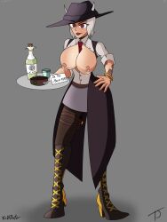  absurdres ashe_(overwatch) boots breasts cleavage collar cow_girl cowboy_outfit cowgirl erect_nipples female_only femsub happy_trance horns huge_breasts hypnotic_drink lactation large_breasts milk overwatch short_hair smile spiral_eyes symbol_in_eyes the_us_doctor tray waitress white_hair 