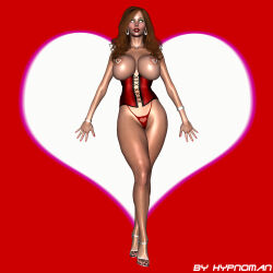 3d breasts brown_hair cleavage collarbone corset earrings erect_nipples expressionless female_only heart high_heels hypnoman jewelry necklace nipple_piercing original piercing priscilla_(hypnoman) red_lipstick solo thong topless white_eyes