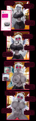 absurdres ai_art angel bike_shorts breasts cell_phone comic demon demon_boy dialogue emily_(hazbin_hotel) english_text femsub grey_eyes grey_skin gym hazbin_hotel huge_breasts large_breasts lute_(hazbin_hotel) maledom nipples red_skin sera_(hazbin_hotel) sex speech_bubble spiral_eyes spiralwash_eyes sports_bra sportswear tagme tech_control tiechonortheal_(manipper) tight_clothing topless white_hair wings