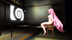 3d biliocho bondage bottomless breasts female_only femsub high_heels hypnotic_screen large_breasts long_hair luka_megurine nude pink_hair spiral tech_control topless vocaloid