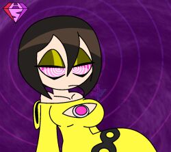  aged_up alternate_costume bare_shoulders breasts brown_hair cleavage_cutout collarbone expressionless eyeshadow femsub heavy_eyelids hoodie hypnoscream jewelry large_breasts little_nightmares pov pov_dom purple_background ring_background ring_eyes shiny_hair short_hair sitting six solo wide_hips 