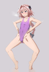  androgynous astolfo_(fate/grand_order) barefoot blush bow braid bulge fate/grand_order fate_(series) gozaru haigure leotard male_only malesub penis pink_hair see-through simple_background solo spread_legs squatting trap 