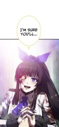  black_hair black_sclera bow breasts character_request clothed corruption dialogue english_text femsub glowing_eyes heterochromia large_breasts long_hair looking_at_viewer male_pov official ponytail pov purple_eyes red_eyes ribbon screenshot speech_bubble tagme tears text the_soot-covered_hero_~saving_the_world_with_dark_heretical_skills~ translated virus wounds 