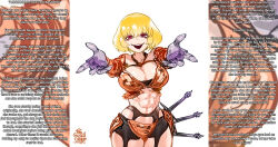  abs armor bigmaninasuit_(manipper) blonde_hair breasts caption caption_only cleavage clementine_(overlord) domestication evil_smile female_only femsub looking_at_viewer maledom mind_break navel open_mouth overlord red_eyes short_hair signature simple_background smile solo standing sword tagme weapon 