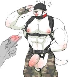  abs armpit_hair clothed_exposure cum dog_boy erection furry harness helmet hyenaface hypnovember male_only malesub muscle_boy original penis remote_control saluting simple_background standing standing_at_attention tech_control tongue_out topless white_background 