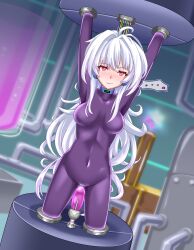  absurdres ahoge arms_above_head blush bodysuit breasts cables collar dildo fate/prototype fate_(series) female_only femsub headphones latex long_hair looking_at_viewer merlin_(fate/prototype) pink_eyes restrained rubber sanku smile solo sweat very_long_hair white_hair wires 