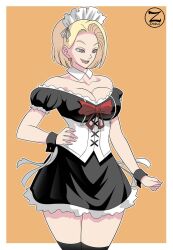 android_18 apron blonde_hair bow breasts cleavage dragon_ball dragon_ball_z dress drool earrings femsub hand_on_hip happy_trance jewelry large_breasts maid maid_headdress open_mouth simple_background smile spiral_eyes symbol_in_eyes thighhighs zafirydraw