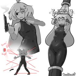  ahoge armpits arms_above_head bare_shoulders bodysuit brushie_art bunny_boy bunny_ears dazed defeated drool english_text eyebrows_visible_through_hair failed_infiltration greyscale gun heavy_eyelids heterochromia long_hair male_only malesub microchip navel open_mouth original restrained short_hair simple_background spiral spiral_eyes sweat tech_control text tight_clothing trap white_background woot_(woot) 