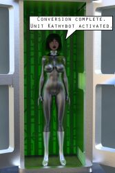  3d breasts chrome dialogue drone female_only fembot femsub graybot green_hair kathy_(theheckle) large_breasts original robot robotization solo standing standing_at_attention tech_control text theheckle whitewash_eyes 