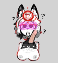  amaterasu_(skecchyartist) animal_ears black_eyes breasts confused cum cum_in_mouth femsub goddess grey_background halo maledom open_mouth original penis short_hair simple_background skecchyartist spiral spiral_eyes symbol_in_eyes visor white_hair white_skin wolf_girl 